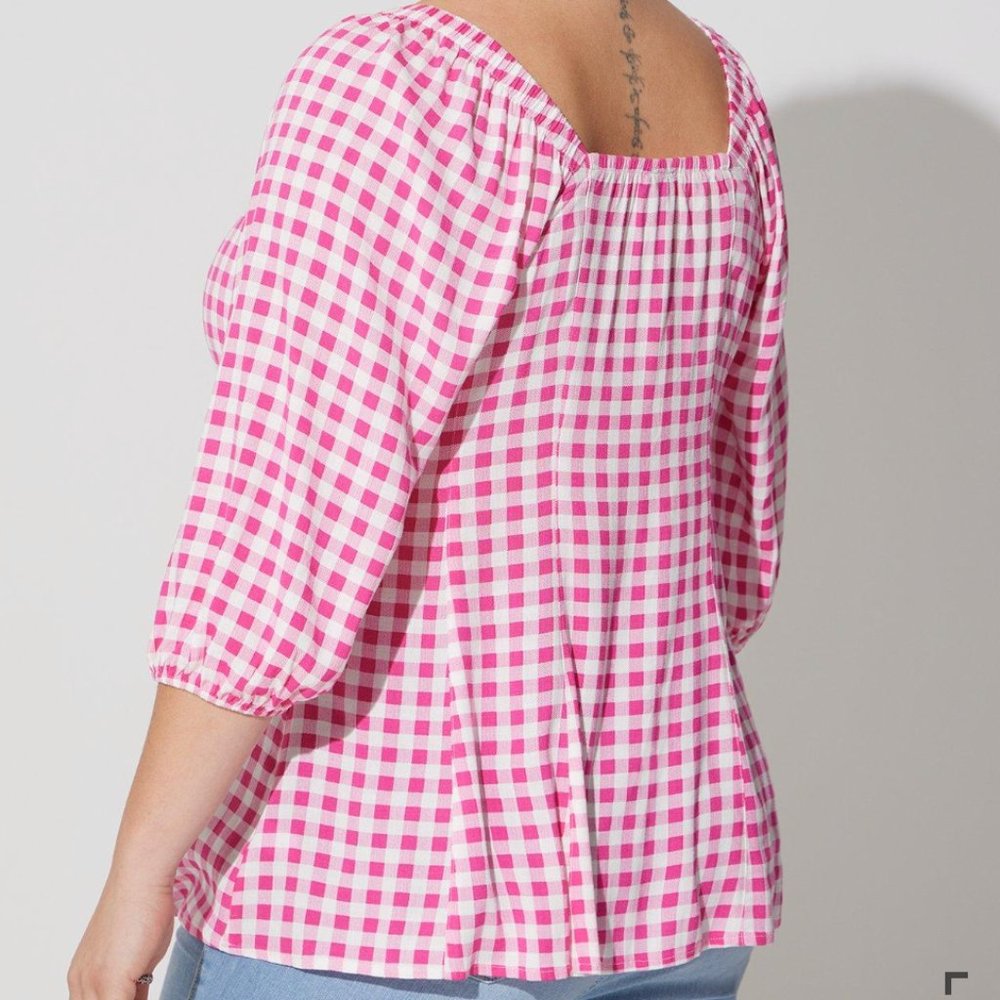 Torrid Fit & Flare Rayon Slub Button Up 3/4 Sleeve Pink Gingham Top - Picture 3 of 14